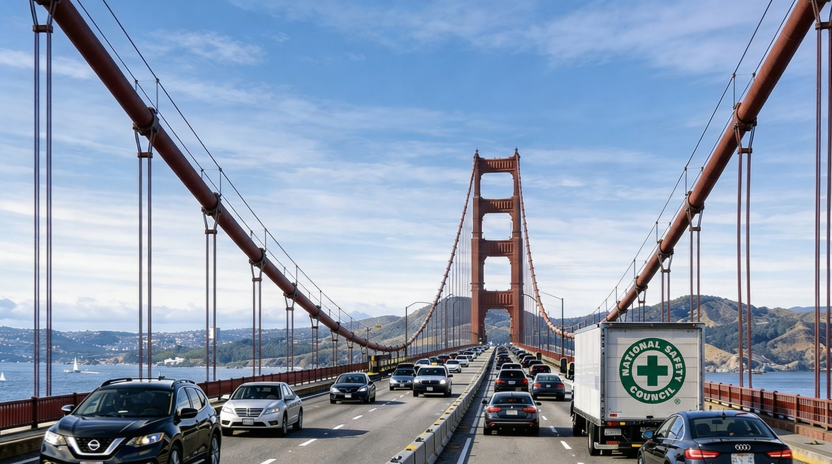 Cars driving across the Golden Gate Bridge